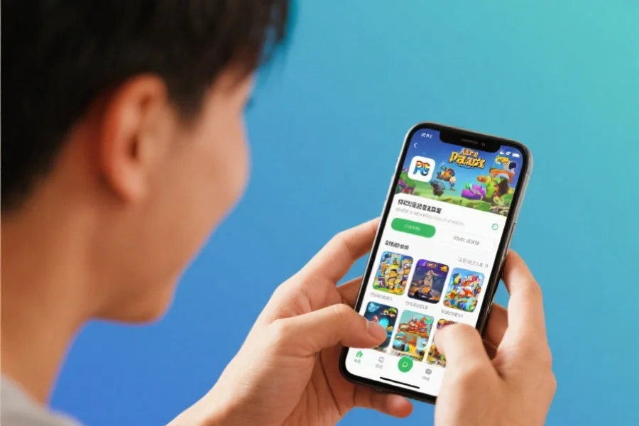 一位用户成功安装PG游戏App后，正在愉快体验应用界面，手机屏幕显示丰富的游戏内容，氛围轻松活力